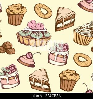 Hand drawn seamless pattern with candies and cakes in vintage style. Vector background with sweets Stock Vector