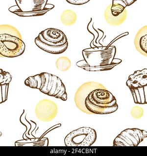 Hand drawn seamless pattern with fresh bakery produkts in vintage style. Vector background with coffee cup and croissant Stock Vector