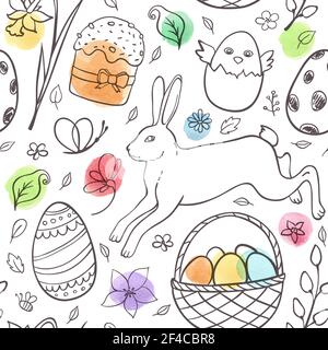 Hand drawn doodle Easter seamless pattern with rabbit and watercolor blots on a white background Stock Vector