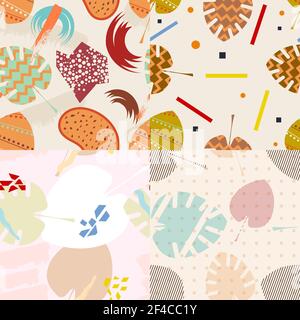 Set of color vector abstract seamless pattern in Memphis style. Textures Memphis with circles, triangles and leaves. Stock vector illustration Stock Vector