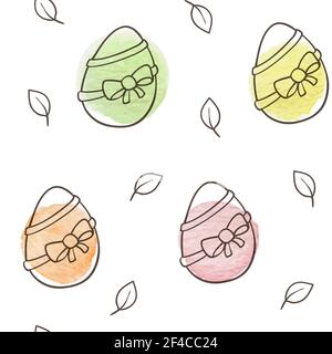 Hand drawn doodle Easter seamless pattern with eggs and watercolor blots on a white background Stock Vector