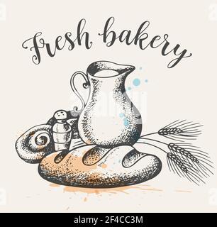 Vintage background with fresh bakery produkts and jug of milk. Hand drawn vector illustration Stock Vector