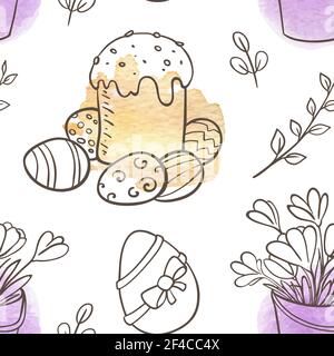 Hand drawn doodle Easter seamless pattern with cake and flowers on a white background Stock Vector