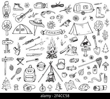 Set of doodle forest camping design elements. Hand drawn vector illustrations isolated on a white background.. Set of forest camping icons Stock Vector