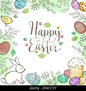 Decorative Easter greeting card with eggs, rabbit, leaves and watercolor textures. Hand drawn vector illustration. Stock Vector