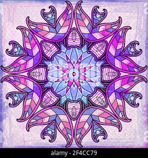 Abstract violet round oriental ornament on a grunge background. Hand drawn vector illustration.. Violet round ornament on a grunge background Stock Vector