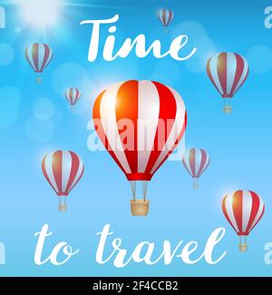 Red air balloons flying in the blue sky and lettering. Travel concept. Vector illustration.. Red air balloons flying in the blue sky Stock Vector