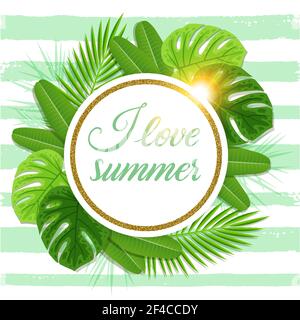Summer floral vector tropical background with green palm leaves. I love summer lettering.. Summer tropical background with green palm leaves. Stock Vector