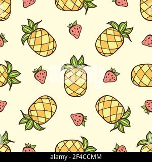 Doodle seamless pattern with strawberry and pineapple. Vector illustration. Pattern with strawberry and pineapple Stock Vector