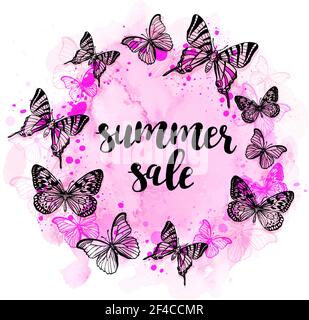 Summer abstract background with butterflies and pink watercolor texture for seasonal sale. Summer abstract background with butterflies Stock Vector