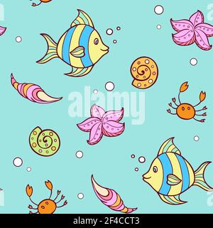 Doodle summer marine seamless pattern with fish and sea shells. Vector illustration.. Doodle marine pattern with fish Stock Vector