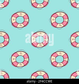 Doodle summer marine seamless pattern with lifebuoy on a green background. Vector illustration.. Seamless pattern with lifebuoy Stock Vector
