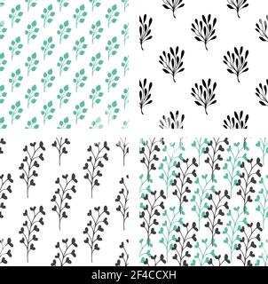 Set of decorative vector seamless patterns with green and black florals on a white background. Seamless patterns with green and black florals Stock Vector