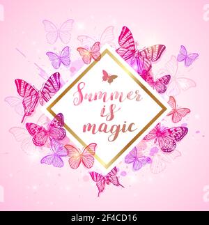 Summer background with pink and violet butterflies.  Summer is magic lettering. Summer background with pink and violet butterflies. Stock Vector