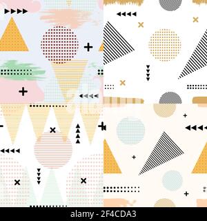 Set of color vector abstract seamless pattern in Memphis style. Textures Memphis with circles, triangles and spots. Stock vector illustration Stock Vector