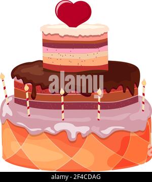 Stock Vector Cartoon festive sweet cake with candles and red heart on a white background. Birthday Symbol, Valentine&rsquo;s Day Stock Vector