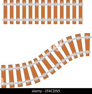 Metal rails on wooden sleepers Railway vector illustration of a curved straight on a white background isolated object Stock Vector