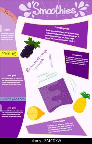 Purple smoothies. Glass glass with a vitamin cocktail smoothie of black currant, orange, pineapple with elements of infographics and text. Vector illustration of a natural and healthy food. Stock Vector