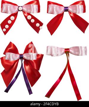 Red bow and pearls on white background. Abstract object decorations. Isolate. Set of Red bows. Stock vector illustration Stock Vector