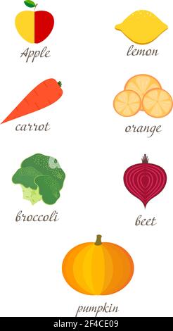 Set of autumn fruits and vegetables. Healthy food on a white background. Apple, orange, broccoli, pumpkin, lemon, carrot. Vector illustration of fruits and vegetables, isolated objects. Flat style. Stock Vector