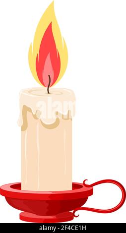 Vector illustration of a burning candle in a holder on a white background. Cartoon candle with the flame in red holder. Isolated object. Vintage candle Stock Vector