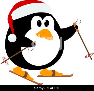 Vector illustration of cute little penguin wearing a hat of Santa Claus on skis. Winter sport. Baby penguin on skis. Stock Vector