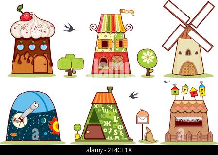 Fairy houses on a white background symbolizing people of different professions. House Set Illustration Isolated Stock Vector