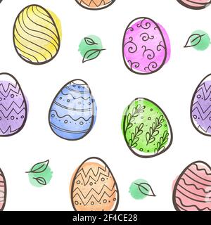 Hand drawn doodle Easter seamless pattern with eggs and watercolor blots on a white background Stock Vector
