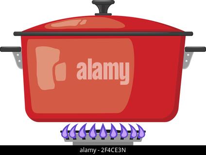 Cartoon red metal pan with the lid closed on a gas stove. Vector image kitchen pan in the fire. Stock vector illustration Stock Vector