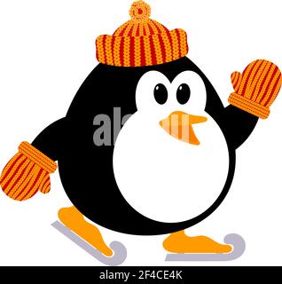 Vector illustration of a cute little penguin in a knitted cap and mittens skating. Winter sport. Figure skating. Baby penguin playing on the ice. Stock Vector