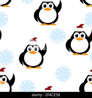 Vector illustration of a winter pattern with snowflakes and little penguins. Baby penguin with his hand raised and a cap of Santa Claus on a white background. Winter seamless pattern. Stock Vector