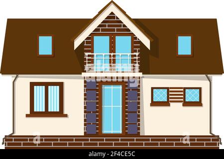 Beautiful small house with a loft, balcony. Building with an attic. Cozy rural house with a mezzanine. Stock vector illustration Stock Vector