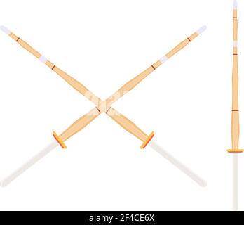 Two crossed bamboo training sword for kendo classes. Wooden Japanese swords, kendo art. Shinai sword. Vector kendo weapon Stock Vector