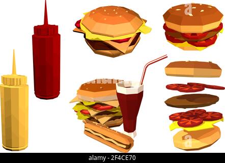 Vector Low poly fast food on a white background. Set of fast food restaurant products. Hamburger, cola, coffee, french fries. Stock vector illustration Stock Vector