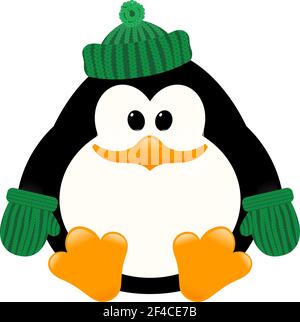Vector illustration of a young cute penguin in a knitted cap and mittens sitting on the ice. Isolate. Winter sitting Baby Penguin Stock Vector