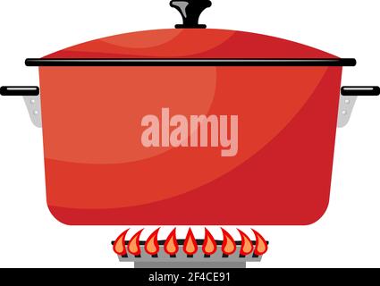 Cartoon red metal pan on a gas stove. Vector image kitchen pan in the fire. Stock vector illustration Stock Vector