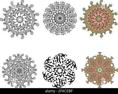 Set Mandala round ornament decorative isolated element, geometric floral circular pattern on a white background. Tribal ethnic Arabic Indian motif. Stock vector Stock Vector