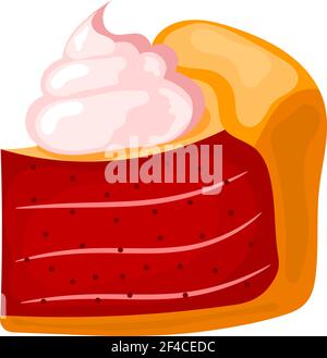 Vector illustration of a piece of cake with cream on a white background. Cartoon cake with pink cream and sweet red berry filling. Food for the holidays, festive dessert Stock Vector