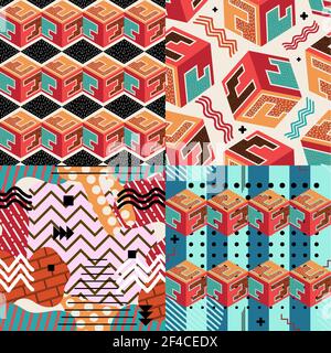 Set of color vector abstract seamless with squares pattern in Memphis style. Textures Memphis with circles, triangles and spots. Stock vector illustration Stock Vector