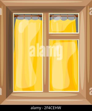 Vector illustration of abstract Cartoon windows with yellow curtain on a white background. Cartoon style. Cartoon Housing Element window Stock Vector