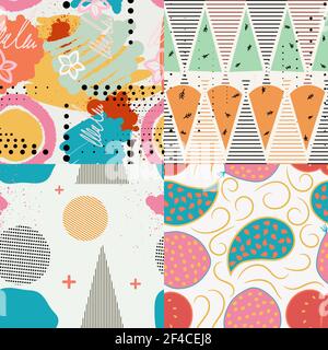 Set of vector color seamless patterns in the Memphis style. Abstraction texture for design and wallpaper. Stock vector illustration Stock Vector