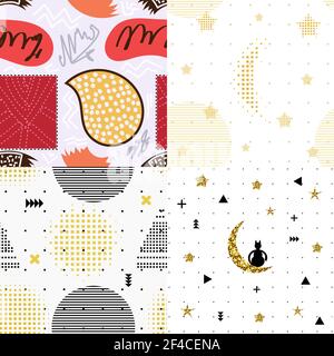 Set of vector color seamless patterns in the Memphis style. Abstraction texture for design and wallpaper. Seamless with cat and moon. Stock vector illustration Stock Vector