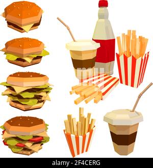 Low poly fast food on a white background. Set of fast food restaurant products. Hamburger, cola, coffee, french fries. Stock vector illustration Stock Vector