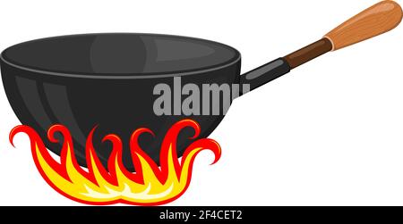 Cartoon vector image of a black frying pan with stylized flames on a white background. Kitchen utensils. Accessory for the kitchen. Stock vector illustration Stock Vector