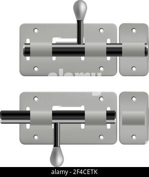Vector illustration of an open and closed metal latches on white background. Isolated object. Realistic vector latch Stock Vector