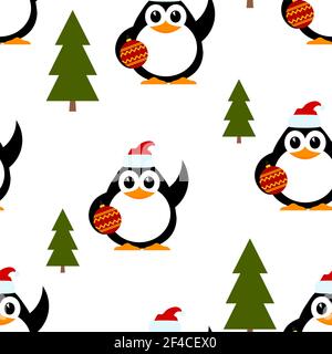 Vector illustration of a winter pattern with a small penguin and trees. Baby penguin with Christmas ball in hat of Santa Claus on a white background. Winter seamless pattern. Stock Vector