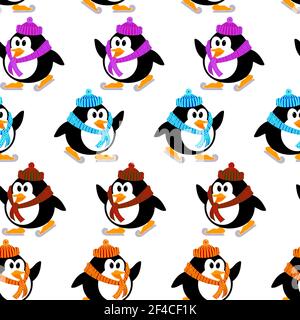 Seamless vector texture with penguins on skis. Vector pattern with cute little penguins skating. Stock Vector