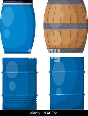 Vector set casks on a white background. Illustration of a wooden and metal blue barrels, isolate object. Stock Vector