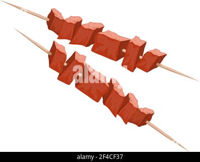 Vector illustration of kebab on wood skewers. Meat on the grill. Cartoon style kebab on a white background. Meat food. Traditional meat dish on fire Stock Vector