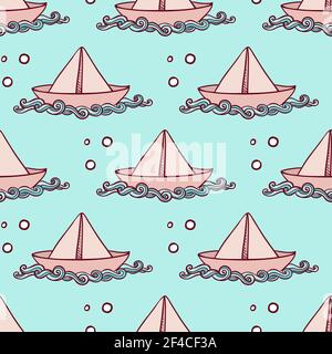 Marine seamless pattern with paper ship floating on the waves. Hand drawn vector background.. Marine pattern with paper ship Stock Vector